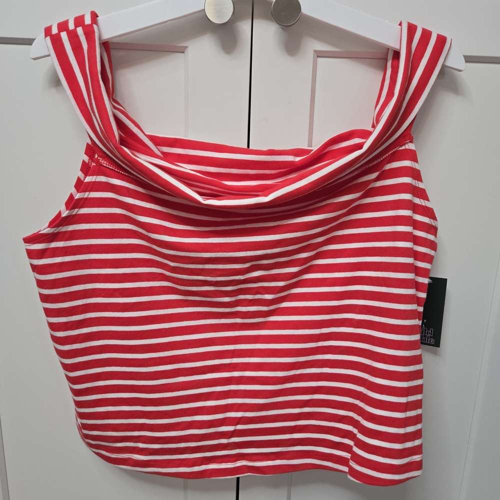 Red White Striped Cowl‎ Neck Crop Tank Top XXL NWT